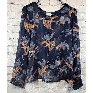 Quicksilver Navy Floral Print Sheer Long Sleeve Blouse - Stylish Women's Top